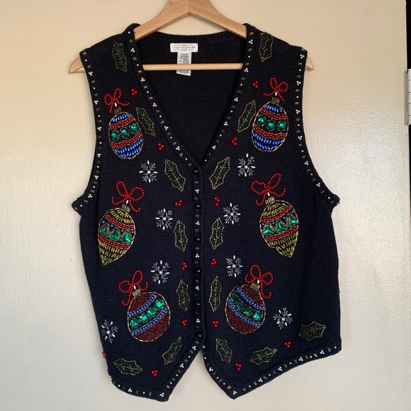 YarnWorks Black Knitted Christmas Ornaments Sweater Vest Sz.L Beaded Holiday - Picture 1 of 11
